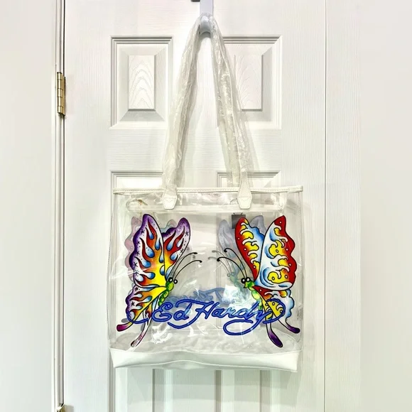 Ed Hardy Large Clear PVC Tote Bag with Butterfly Print and Zipper - Picture 1 of 3